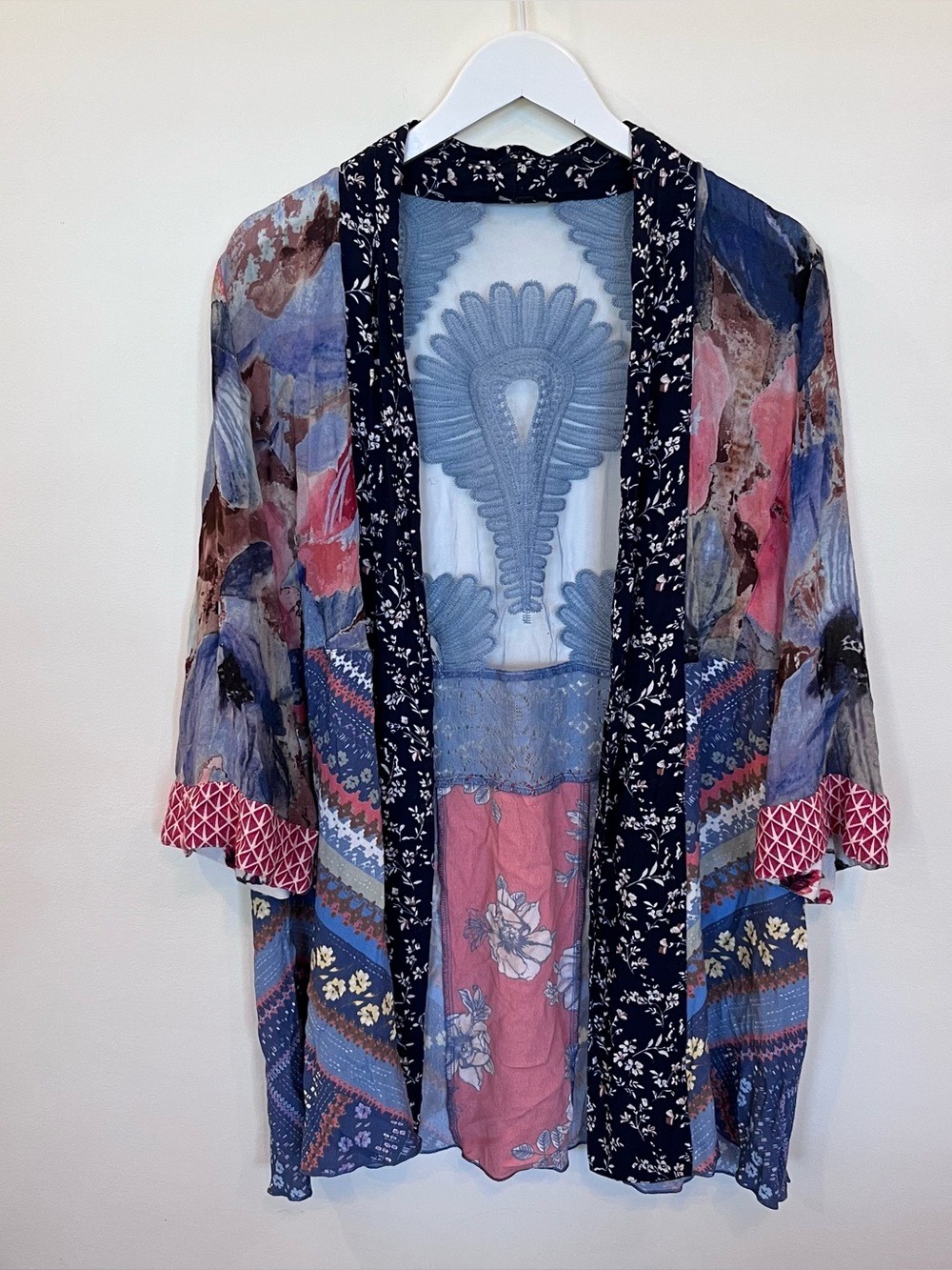 John Mark Patchwork Kimono Cardigan Lace Mesh Watercolor Womens Large Floral